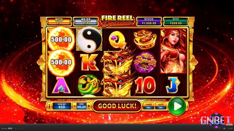 Giao diện chính của slot game Reels of Fire với các biểu tượng đặc trưng