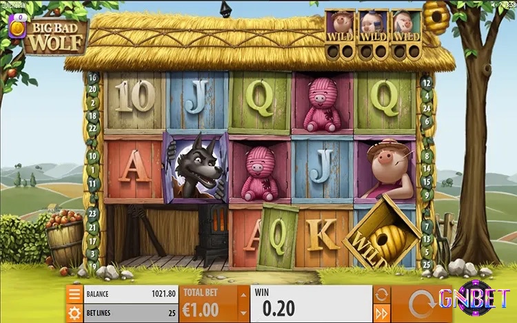 Giao diện chính của slot game Piggies and the Wolf với các biểu tượng đặc trưng